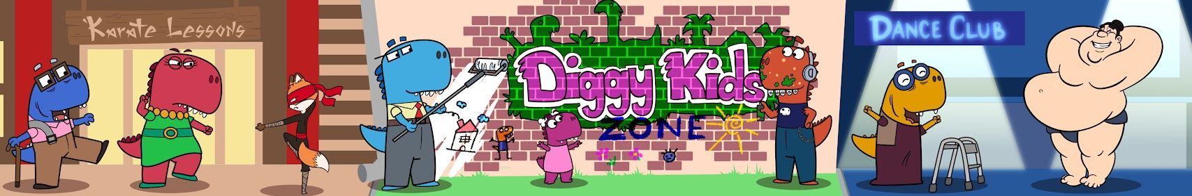 The Diggy Dinos — karate lessons, graffiti wall and dance club cartoon banner